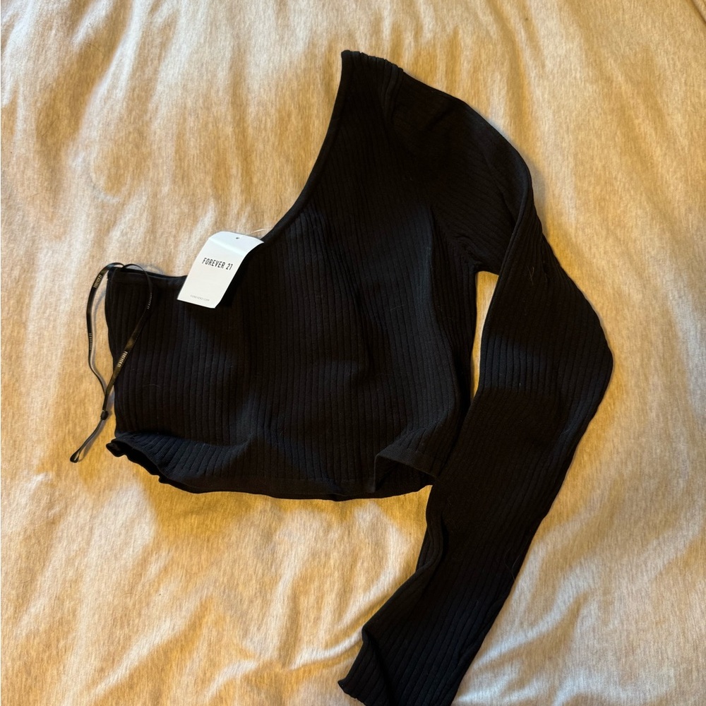 Black Ribbed One-Shoulder Top